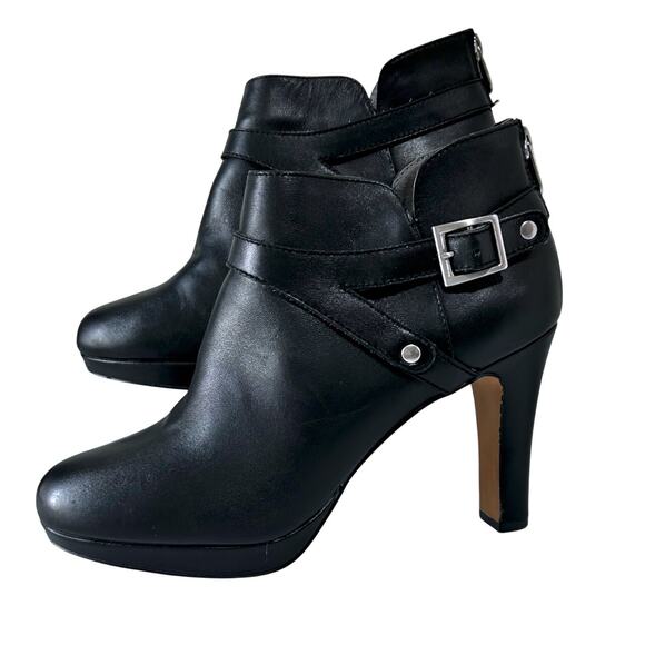 ADRIENNE VITTADINI Leather 9M Sexy Buckle Ankle Boots Black 4" Heel Zipper - Picture 3 of 8